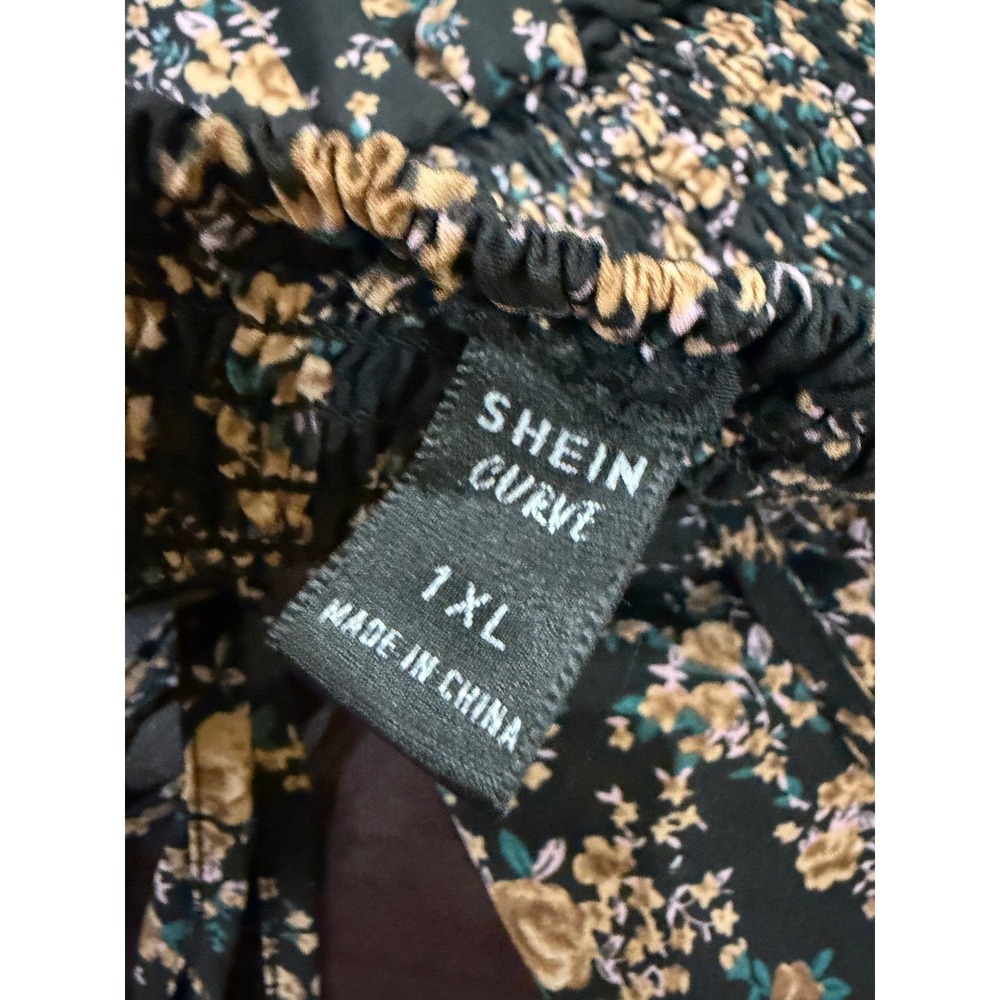 Shein Black Floral Midi Dress Smocked Back Tie Front 1XL Cottagecore Boho - Picture 8 of 10